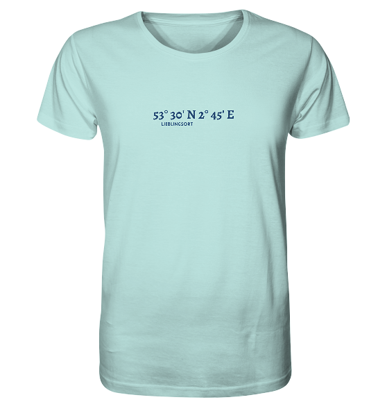 personalisierbares Koordinaten T-Shirt 'WUNSCHORT' blau - Organic Unisex Shirt