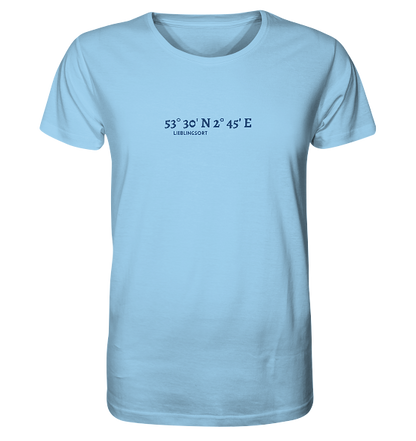 personalisierbares Koordinaten T-Shirt 'WUNSCHORT' blau - Organic Unisex Shirt