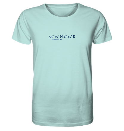 personalisierbares Koordinaten T-Shirt 'WUNSCHORT' blau - Organic Unisex Shirt