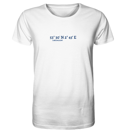 personalisierbares Koordinaten T-Shirt 'WUNSCHORT' blau - Organic Unisex Shirt