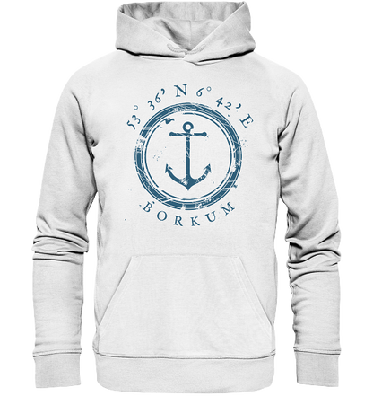 maritimer Borkum Organic Hoodie mit Koordinaten von Meercoordinates